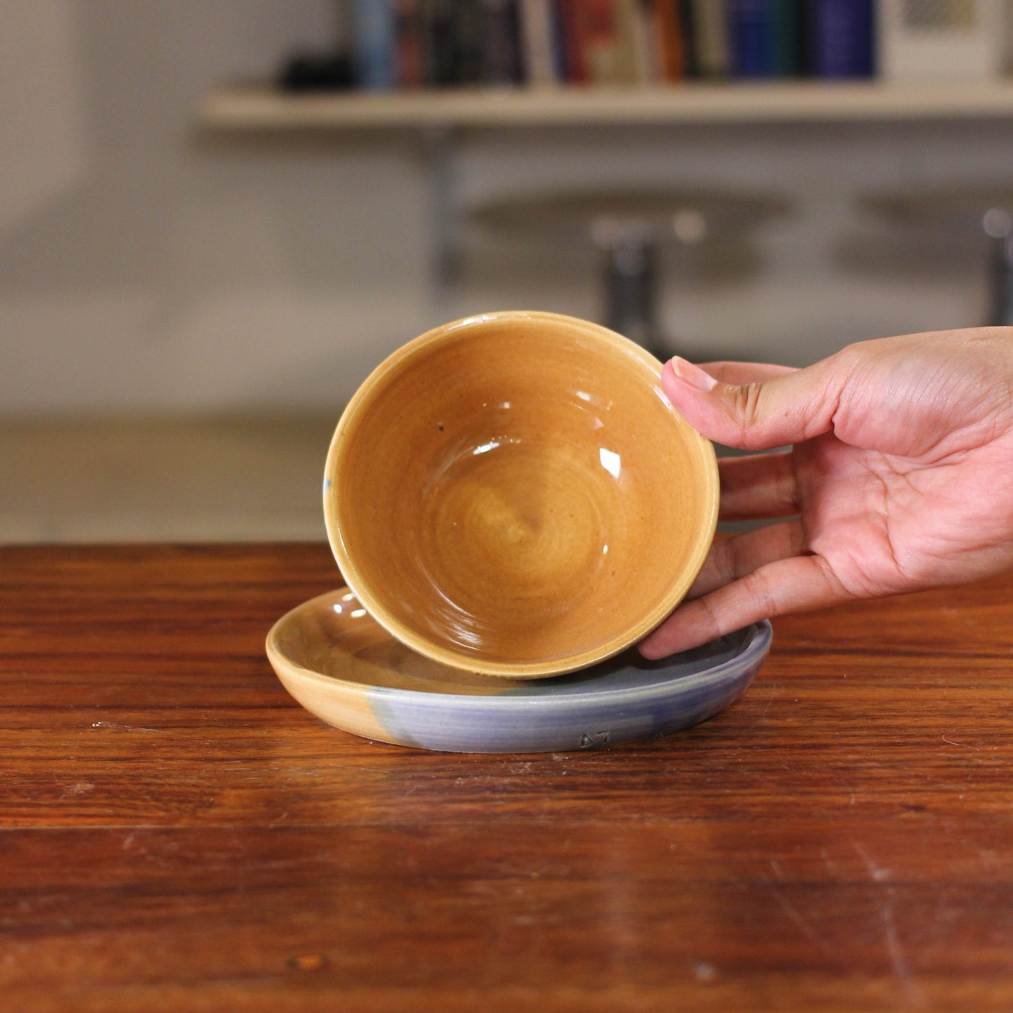 Light Blue / Mocha Glaze Bowl & Saucer Set 037